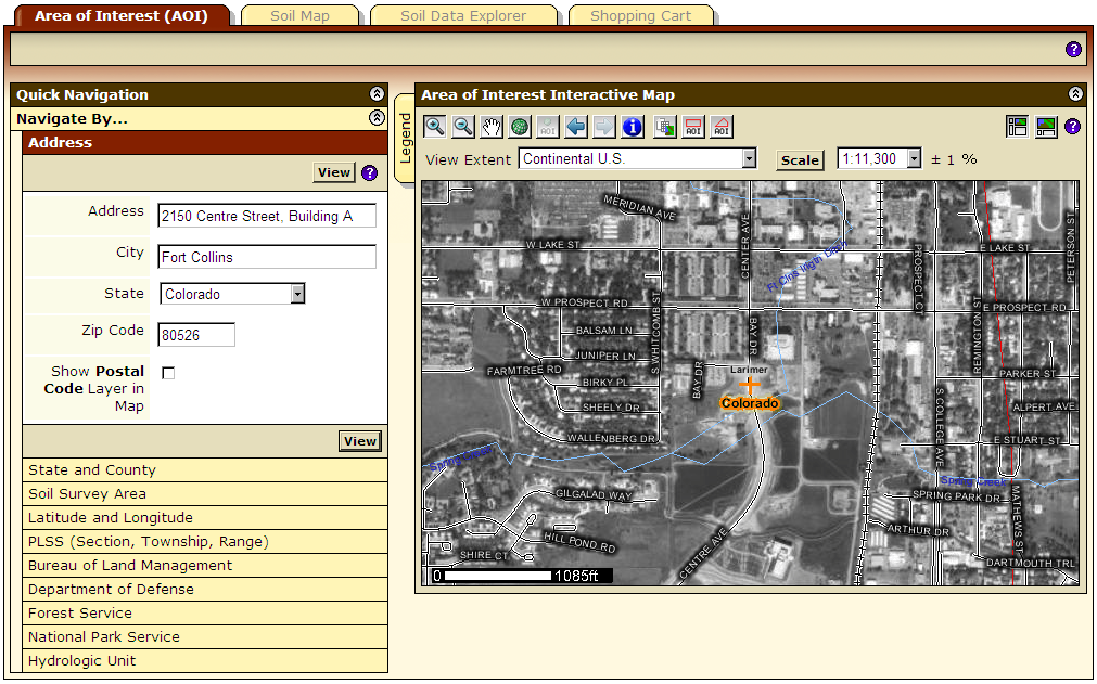 Navigate by address or lat/long coordinates When you enter an address or latitude/longitude coordinates on the AOI tab, a point marker appearing as an orange/red plus sign (+) marks the requested location.