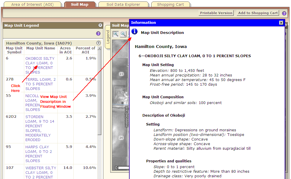 Map unit descriptions On the Soil Map tab, you can click the map unit name to display a map unit description.