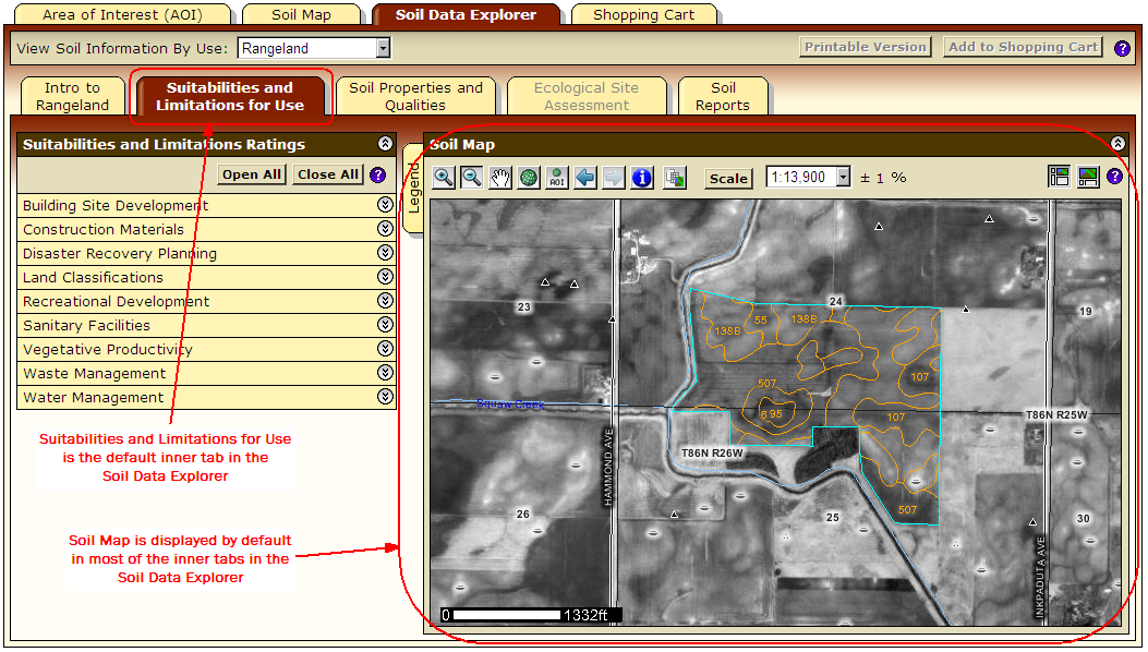 Suitabilities and Limitations for Use tab The Suitabilities and Limitations for Use tab is now the default tab in the Soil Data Explorer.